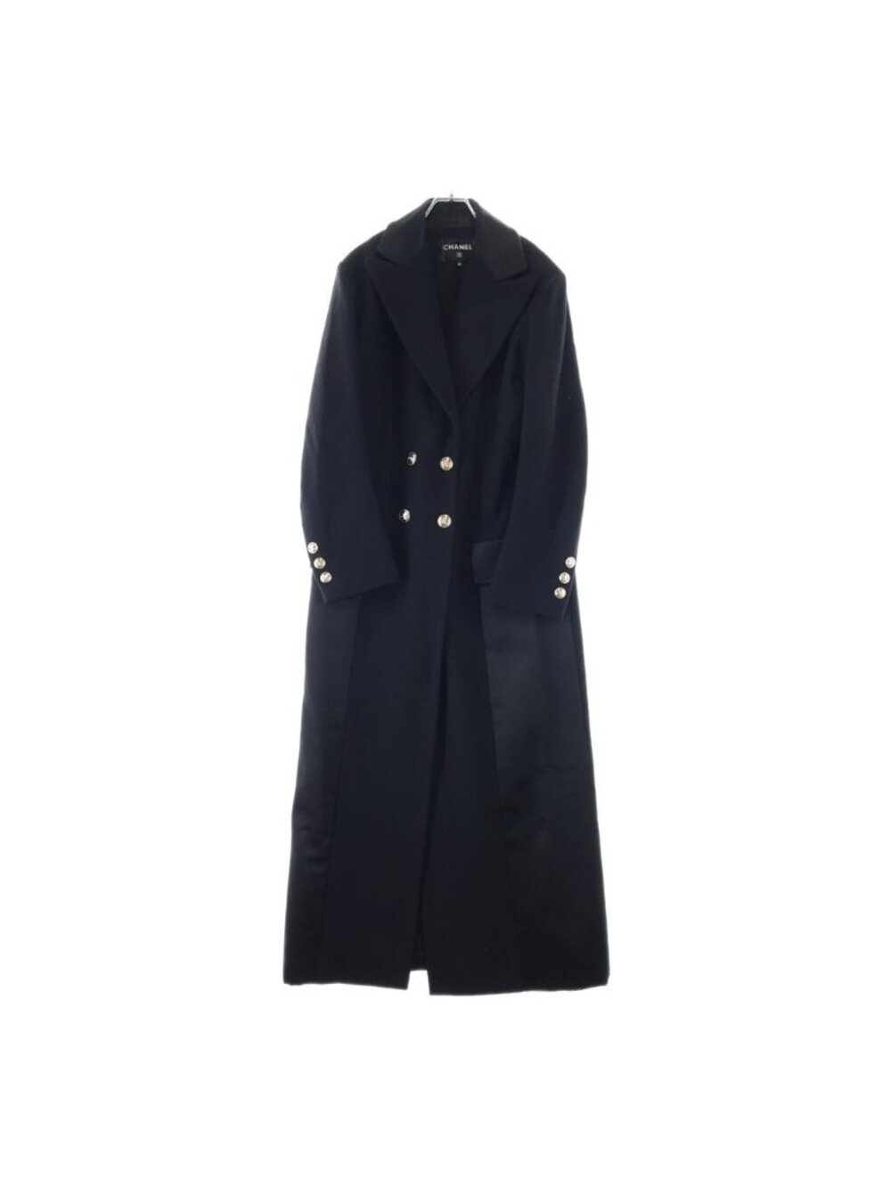 Chanel Double Breasted Wool Long Coat CC Logo Button Bracelet Silk
